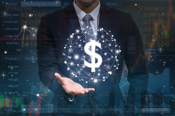 Businessman hand holding the dollar currency text financial technology or FINTECH connection over the digital number and trading graph background, Showing the cryptocurrency or digital money