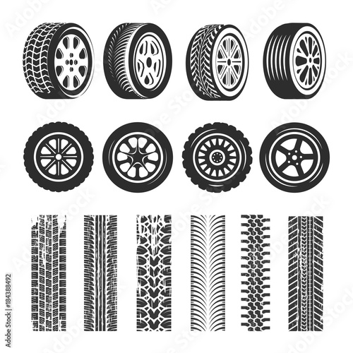 Fotomural Car tires and track traces vector isolated icons of tire tread pattern