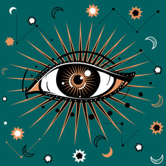 Vector illustration with All-seeing eye symbol. Celestial background. Retro and boho style.