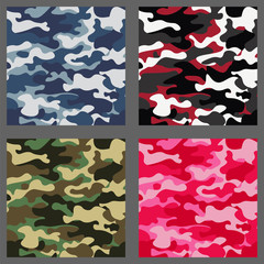 Set of camouflage seamless patterns background. Classic clothing style masking camo repeat print. Green,brown,black,olive,blue,ocean,pink,orange colors texture. Design element. Vector illustration