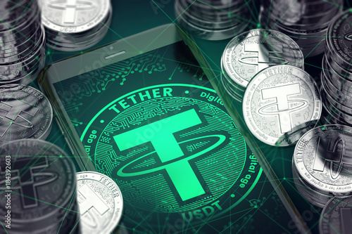Fotografía Smartphone with green Tether symbol on-screen among Tether coins