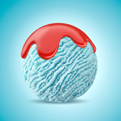 Wall Mural - smurf ice cream scoop with strawberry sauce, red syrup topping on smurfs bubble gum blue moon ice-cream ball