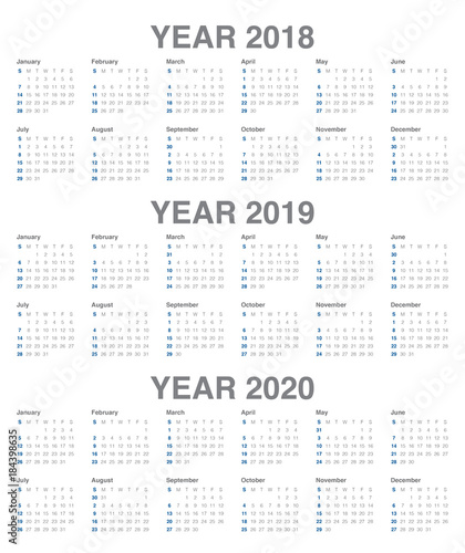 Year 2018 2019 2020 calendar vector Stock Vector | Adobe Stock