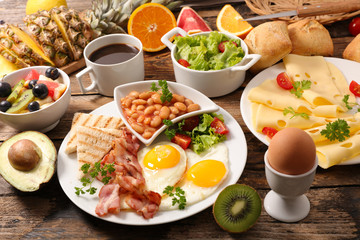 Wall Mural - breakfast with egg,bacon,bean,cheese and coffee cup