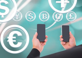 Poster - Businessman holding phone and currency glass circle icons