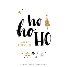 Merry Christmas Greeting Card With Calligraphy. Ho Ho Ho. Handwritten Modern Brush Lettering. Hand Drawn Design Elements.