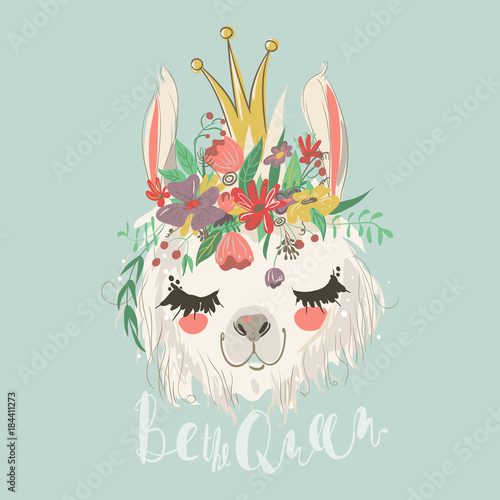 Cuadros en Lienzo Cute hand drawn llama with flowers wreath and beautiful crown