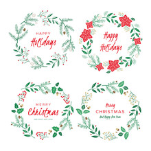 Christmas Wreaths With Berries, Pine Branches And Fir Cones. A Set Of Round Frames For Winter Design. Vector Background