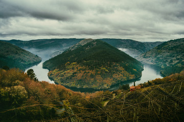 Cabo do mundo meander in the river Minho (Lugo, Spain) surrounded by vineyards