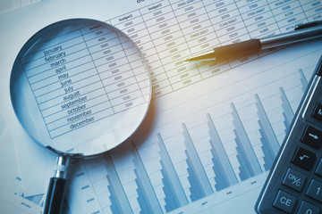 Fototapete - business documents accounting with calculator, pen and magnifying glass. concept for financial