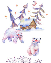 Winter Watercolor Vintage Card With Polar Bears, Magical Forest
