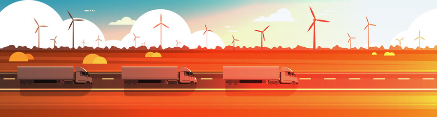 Wall Mural - Big Semi Truck Trailers Driving Road Over Nature Sunset Landscape Horizontal Banner Vector Illustration