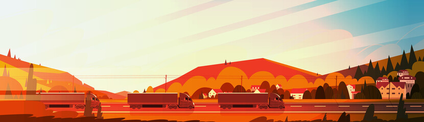 Wall Mural - Big Semi Truck Trailers Driving Road Over Mountains Landscape At Sunset Horizontal Banner Vector Illustration