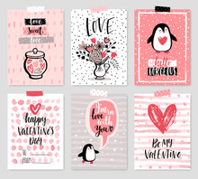 Valentine`s Day Card Set - Hand Drawn Style With Calligraphy.