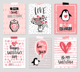 Wall Mural - Valentine`s Day card set - hand drawn style with calligraphy.