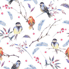 Watercolor Seamless Pattern With Branches, Birds