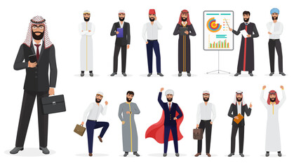 Wall Mural - Vector Cartoon arab muslim businessman male character set standing in different positions.