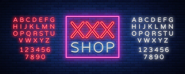 Wall Mural - Sex shop logo, night sign in neon style. Neon sign, a symbol for sex shop promotion. Adult Store. Bright banner, nightly advertising. Vector Illustration. Editing text neon sign. Neon alphabet