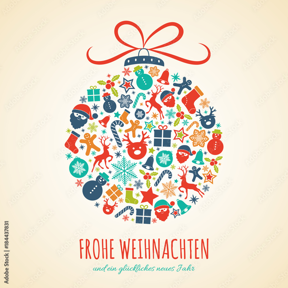 Frohe Weihnachten - Merry Christmas in German. Christmas card with  ornaments. Vector. Stock Vector | Adobe Stock, image size:1000x1000
