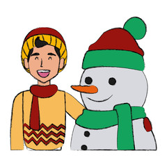 Poster - Snowman with boy winter cartoon icon vector illustration graphic design