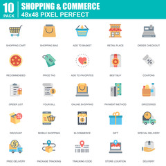 Poster - Flat online shopping and e-commerce icons set for website and mobile site and apps. Contains such Icons as Basket, Delivery, Price Tag. 48x48 Pixel Perfect. Editable Stroke. Vector illustration.
