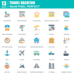 Poster - Flat travel and tourism, for travel agencies icons set for website and mobile site apps. Contains such Icons as Booking, Summer Holiday. 48x48 Pixel Perfect. Editable Stroke. Vector illustration.