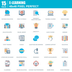 Poster - Flat online education, e-learning, e-book icons set for website and mobile site and apps. Contains such Icons as Book, Library, Webinar. 48x48 Pixel Perfect. Editable Stroke. Vector illustration.