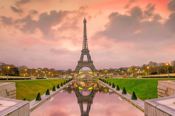  Eiffel Tower at sunrise from Trocadero Fountains in Paris
