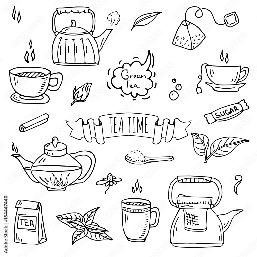Hand drawn doodle Tea time icon set. Vector illustration. Isolated ...
