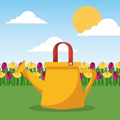 Canvas Print - watering can and field of tulips and landscape vector illustration