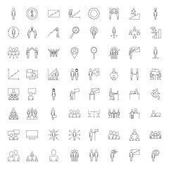 Sticker - business people teamwork icon set in thin line style vector illustration