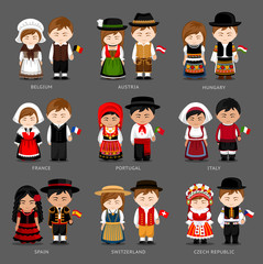 Canvas Print - People in national dress. Belgium, Austria, Hungary, France, Portugal, Italy, Spain, Switzerland, Czech Republic. Set of european pairs dressed in traditional costume. National clothes.