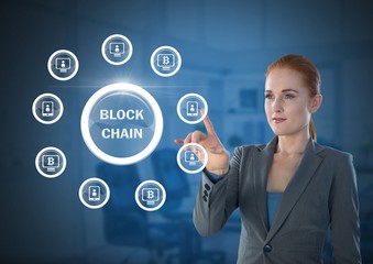 Poster - Businesswoman touching blockchain graphics