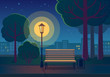 © nadzeya26 - Summer night in the park. Vector illustration of public park with town building background, path, bench and glowing street lamp in night time.