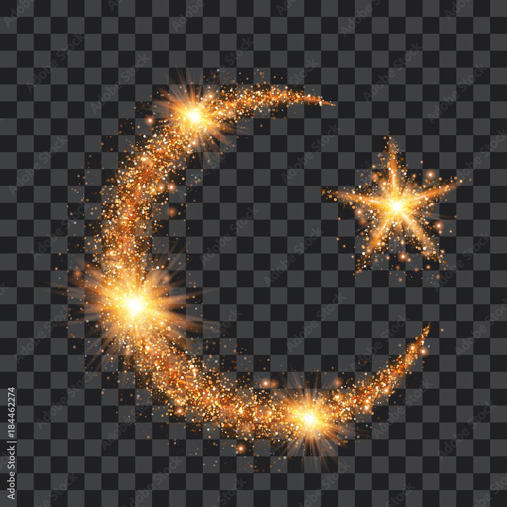 Golden particles wave in form of islam symbols crescent and star with ...
