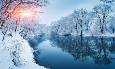 Wall Mural - Winter forest on the river at sunset. Colorful landscape with snowy trees, frozen river with reflection in water. Seasonal. Snow covered trees, lake, sun and blue sky. Beautiful forest in snowy winter