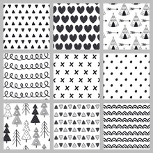 Set Of Seamless Pattern Black And White In Scandinavian Style - Vector Illustration, Eps

