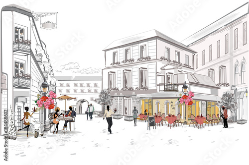 Fashion people in the street cafe in the old city. Hand drawn vector illustra...