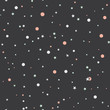 Gray, pink, green messy circles and stars of different sizes on dark background. Confetti seamless pattern with round shapes, dots. Geometric wrapping paper. Vector illustration.