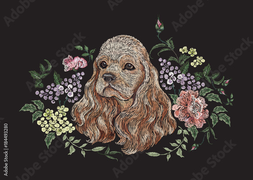 Fotomural Embroidery floral pattern with dog, lilac and roses