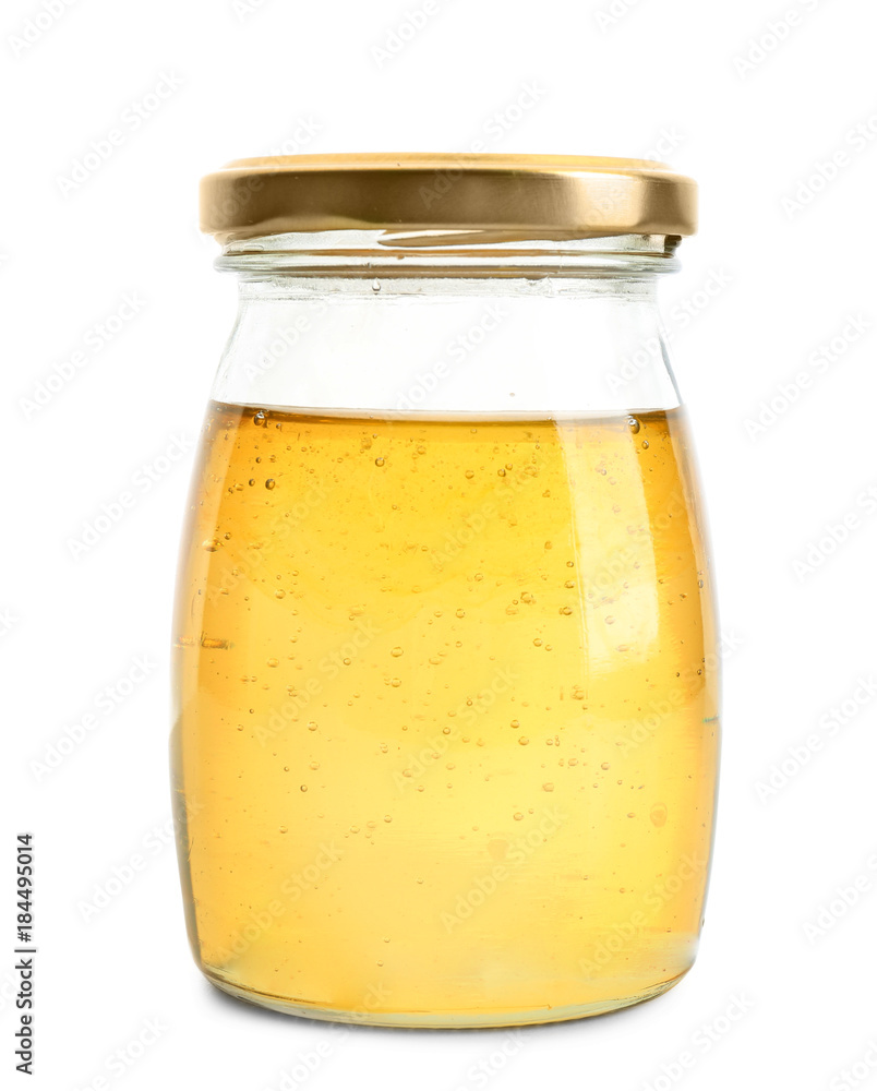 Aromatic honey in jar, isolated on white