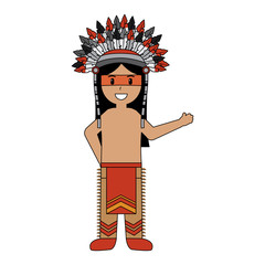 Sticker - cartoon native indian american with traditional costume headwear vector illustration