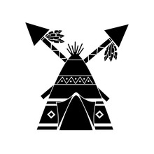 Native American Indian Teepee Home With Crossed Spears Vector Illustration Black Image