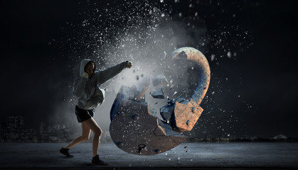 Poster - Young boxer woman . Mixed media