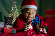 Little Asian Boy Playing On The Bed With Cat In Christmas 's Day.