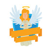 Vector image of emblem in the form of a blue shield and yellow banner. Emblem with cartoon female angel with long blond hair. Angel in a white chasuble and with gold halo over head. Emblem with angel.
