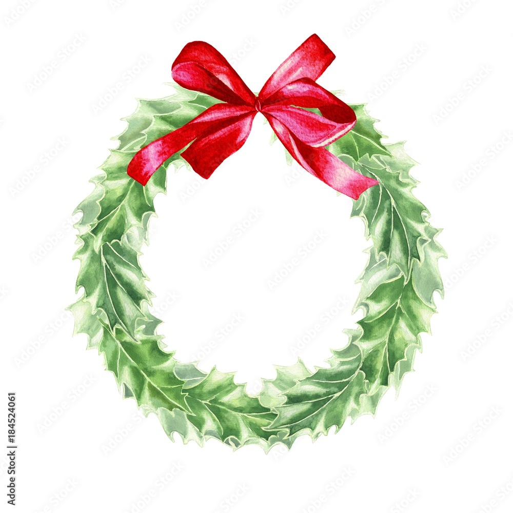 Watercolor hand drawn Christmas wreath of holly leaves with red bow ...