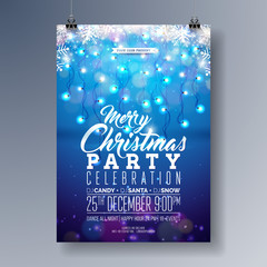 Vector Merry Christmas Party Flyer Design with Holiday Typography Elements, Snowflake and Light Garland on Shiny Blue Background. Celebration Poster Invitation Illustration.