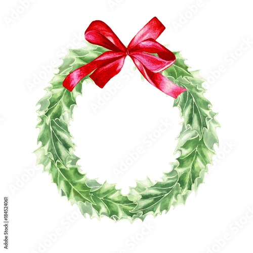 Fotografie, Obraz Watercolor hand drawn Christmas wreath of holly leaves with red bow, isolated on white background