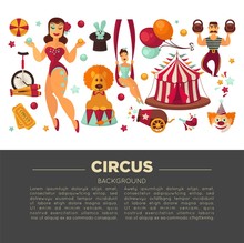 Amazing Circus Promo Poster With Participants Of Show And Equipment.
